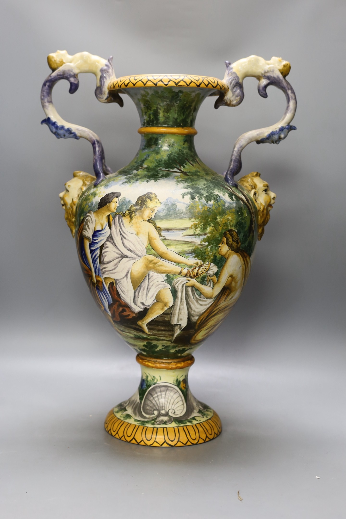 A 20th century Italian maiolica 2 handled urn, 53cm